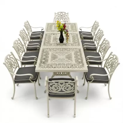 10 kişilik dış mekan bahçe, balkon için alüminyum döküm ferforje kelebek figürlü dikdörtgen masa sandalye takımı yeşil patina