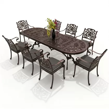 8 kişilik dış mekan bahçe, balkon için alüminyum döküm ferforje kelebek figürlü dikdörtgen minderli masa sandalye takımı bakır eskitme