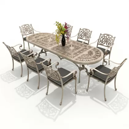 8 kişilik dış mekan bahçe, balkon için alüminyum döküm ferforje kelebek figürlü dikdörtgen minderli masa sandalye takımı beyaz eskitme