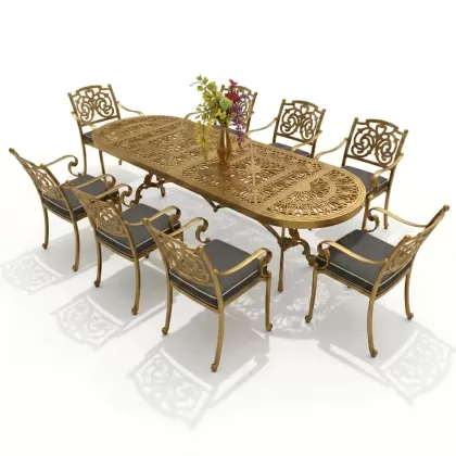 8 kişilik dış mekan bahçe, balkon için alüminyum döküm ferforje kelebek figürlü dikdörtgen minderli masa sandalye takımı gold altın