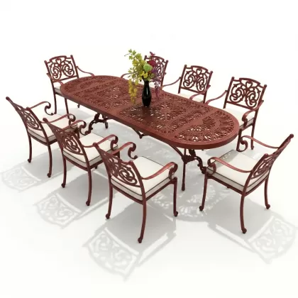 8 kişilik dış mekan bahçe, balkon için alüminyum döküm ferforje kelebek figürlü dikdörtgen minderli masa sandalye takımı kiremit kırmızı