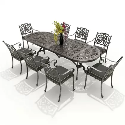 8 kişilik dış mekan bahçe, balkon için alüminyum döküm ferforje kelebek figürlü dikdörtgen minderli masa sandalye takımı silver gümüş