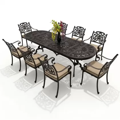 8 kişilik dış mekan bahçe, balkon için alüminyum döküm ferforje kelebek figürlü dikdörtgen minderli masa sandalye takımı siyah