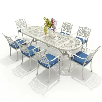 8 kişilik dış mekan bahçe, balkon için alüminyum döküm ferforje kelebek figürlü dikdörtgen minderli masa sandalye takımı beyaz