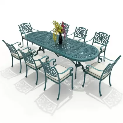8 kişilik dış mekan bahçe, balkon için alüminyum döküm ferforje kelebek figürlü dikdörtgen minderli masa sandalye takımı turkuaz