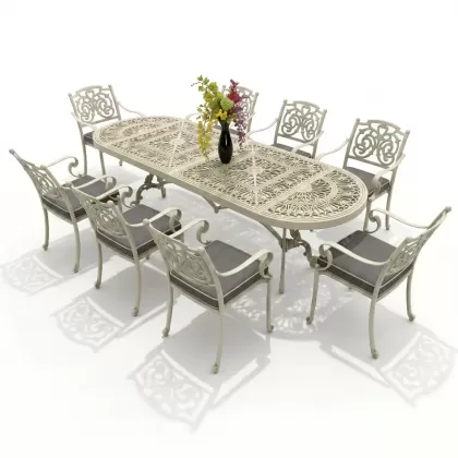 8 kişilik dış mekan bahçe, balkon için alüminyum döküm ferforje kelebek figürlü dikdörtgen minderli masa sandalye takımı yeşil patina