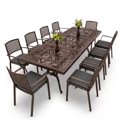 10 kişilik dış mekan bahçe, balkon için alüminyum döküm ferforje nostaljik figürlü dikdörtgen masa sandalye takımı bakır eskitme