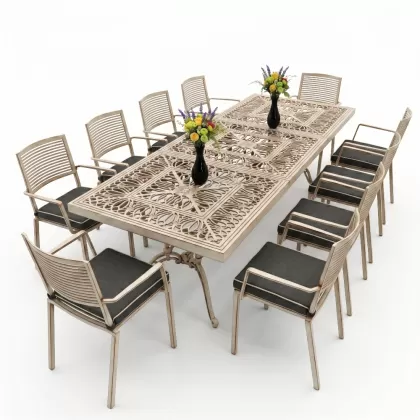 10 kişilik dış mekan bahçe, balkon için alüminyum döküm ferforje nostaljik figürlü dikdörtgen masa sandalye takımı beyaz eskitme