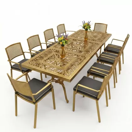 10 kişilik dış mekan bahçe, balkon için alüminyum döküm ferforje nostaljik figürlü dikdörtgen masa sandalye takımı gold altın