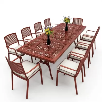 10 kişilik dış mekan bahçe, balkon için alüminyum döküm ferforje nostaljik figürlü dikdörtgen masa sandalye takımı kiremit kırmızı