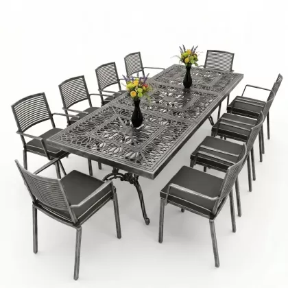 10 kişilik dış mekan bahçe, balkon için alüminyum döküm ferforje nostaljik figürlü dikdörtgen masa sandalye takımı silver gümüş