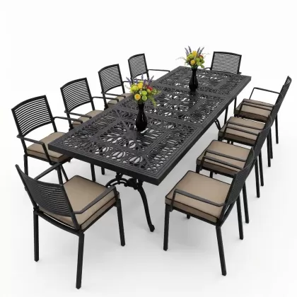 10 kişilik dış mekan bahçe, balkon için alüminyum döküm ferforje nostaljik figürlü dikdörtgen masa sandalye takımı siyah