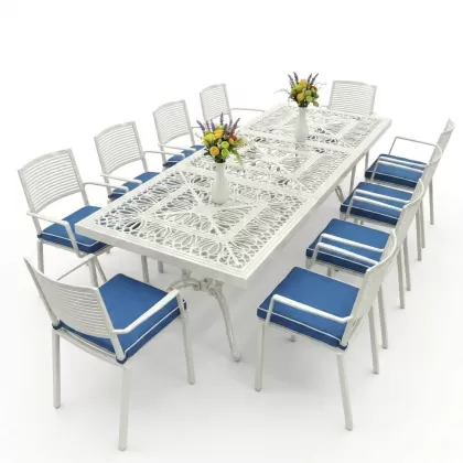 10 kişilik dış mekan bahçe, balkon için alüminyum döküm ferforje nostaljik figürlü dikdörtgen masa sandalye takımı beyaz