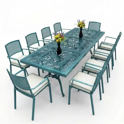 10 kişilik dış mekan bahçe, balkon için alüminyum döküm ferforje nostaljik figürlü dikdörtgen masa sandalye takımı turkuaz