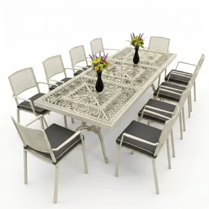 10 kişilik dış mekan bahçe, balkon için alüminyum döküm ferforje nostaljik figürlü dikdörtgen masa sandalye takımı yeşil patina