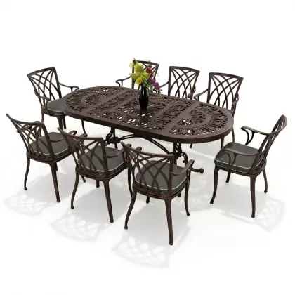 8 kişilik dış mekan bahçe, balkon için alüminyum döküm ferforje kollu yıldız figürlü elips masa minderli sandalye takımı bakır eskitme