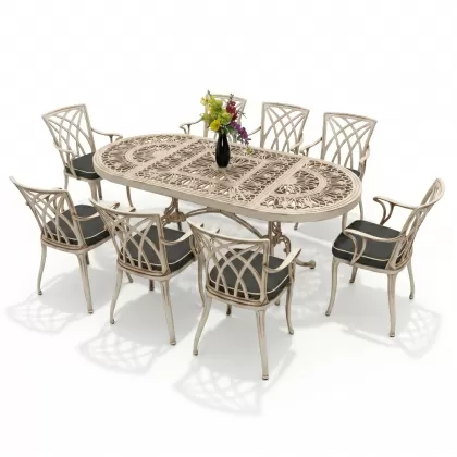 8 kişilik dış mekan bahçe, balkon için alüminyum döküm ferforje kollu yıldız figürlü elips masa minderli sandalye takımı beyaz eskitme