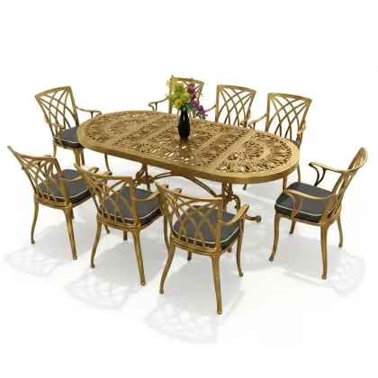 8 kişilik dış mekan bahçe, balkon için alüminyum döküm ferforje kollu yıldız figürlü elips masa minderli sandalye takımı gold altın