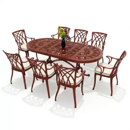 8 kişilik dış mekan bahçe, balkon için alüminyum döküm ferforje kollu yıldız figürlü elips masa minderli sandalye takımı kırmızı kiremit