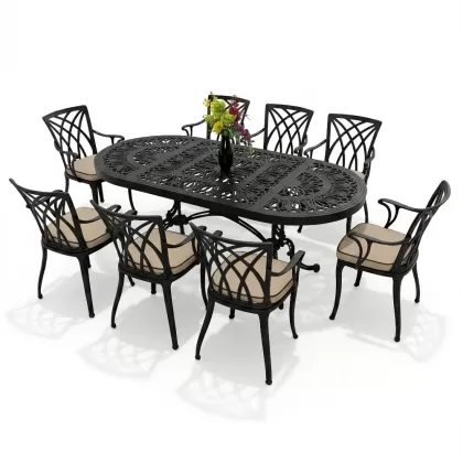 8 kişilik dış mekan bahçe, balkon için alüminyum döküm ferforje kollu yıldız figürlü elips masa minderli sandalye takımı siyah