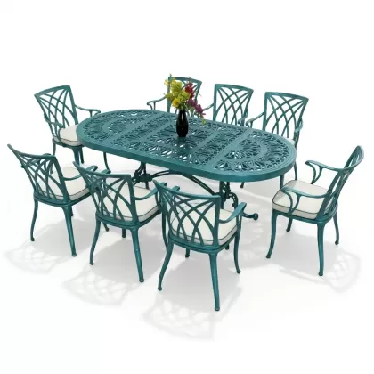 8 kişilik dış mekan bahçe, balkon için alüminyum döküm ferforje kollu yıldız figürlü elips masa minderli sandalye takımı turkuaz