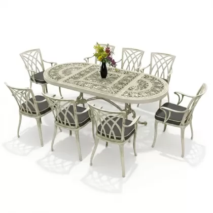 8 kişilik dış mekan bahçe, balkon için alüminyum döküm ferforje kollu yıldız figürlü elips masa minderli sandalye takımı yeşil patina