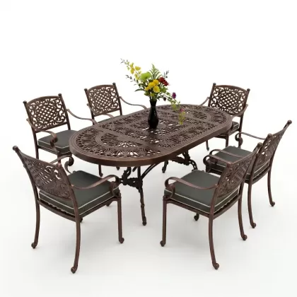 6 kişilik dış mekan bahçe, balkon için alüminyum döküm ferforje güneş figürlü elips masa sandalye takımı bakır eskitme