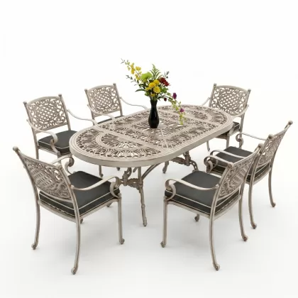 6 kişilik dış mekan bahçe, balkon için alüminyum döküm ferforje güneş figürlü elips masa sandalye takımı beyaz eskitme