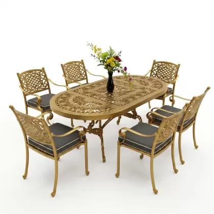 6 kişilik dış mekan bahçe, balkon için alüminyum döküm ferforje güneş figürlü elips masa sandalye takımı gold altın