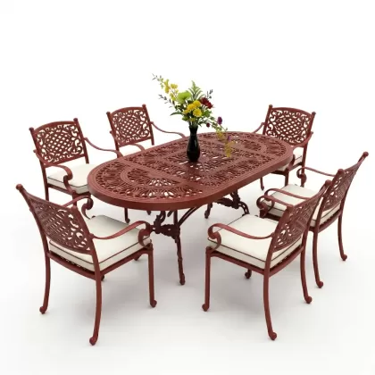 6 kişilik dış mekan bahçe, balkon için alüminyum döküm ferforje güneş figürlü elips masa sandalye takımı kiremit kırmızı