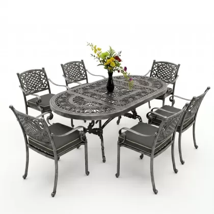 6 kişilik dış mekan bahçe, balkon için alüminyum döküm ferforje güneş figürlü elips masa sandalye takımı silver gümüş