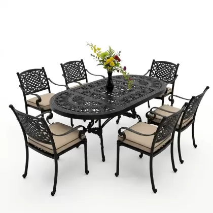 6 kişilik dış mekan bahçe, balkon için alüminyum döküm ferforje güneş figürlü elips masa sandalye takımı siyah