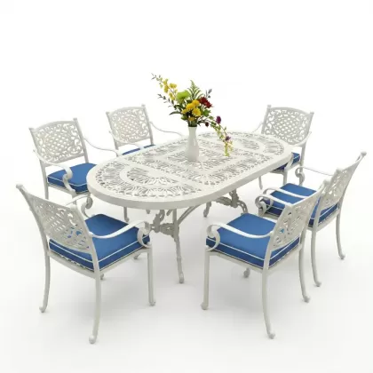 6 kişilik dış mekan bahçe, balkon için alüminyum döküm ferforje güneş figürlü elips masa sandalye takımı beyaz