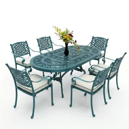 6 kişilik dış mekan bahçe, balkon için alüminyum döküm ferforje güneş figürlü elips masa sandalye takımı turkuaz