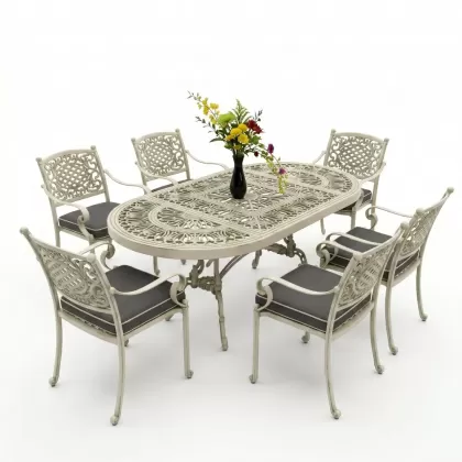 6 kişilik dış mekan bahçe, balkon için alüminyum döküm ferforje güneş figürlü elips masa sandalye takımı yeşil patina