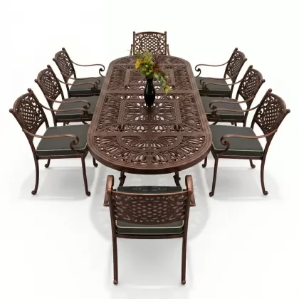 8 kişilik mindersiz alüminyum döküm ferforje masa takımı bakır eskitme