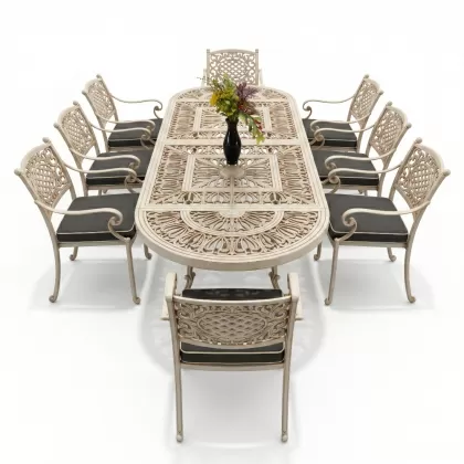 8 kişilik mindersiz alüminyum döküm ferforje masa takımı beyaz eskitme