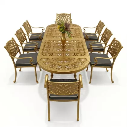 8 kişilik mindersiz alüminyum döküm ferforje masa takımı gold altın