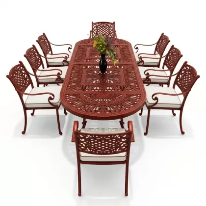 8 kişilik mindersiz alüminyum döküm ferforje masa takımı kırmızı