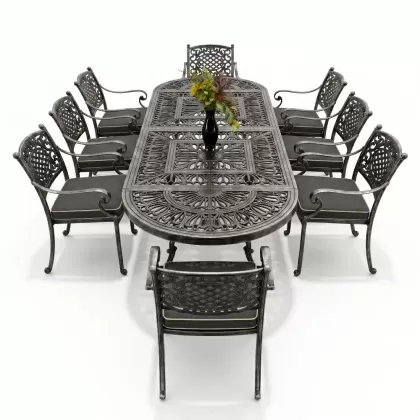 8 kişilik mindersiz alüminyum döküm ferforje masa takımı gümüş silver