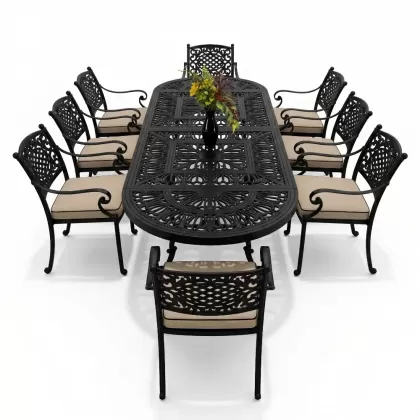 8 kişilik mindersiz alüminyum döküm ferforje masa takımı siyah