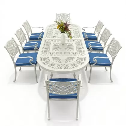 8 kişilik mindersiz alüminyum döküm ferforje masa takımı beyaz