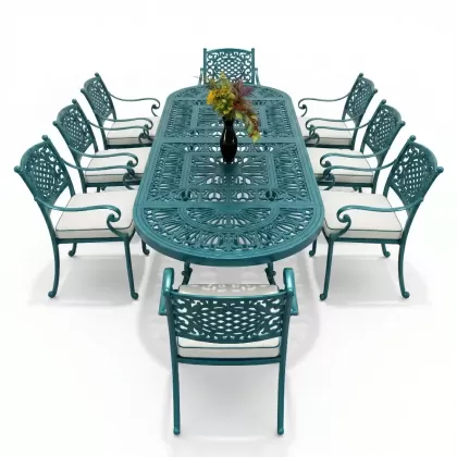 8 kişilik mindersiz alüminyum döküm ferforje masa takımı turkuaz