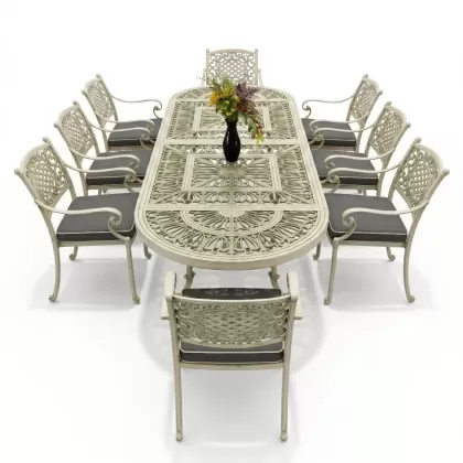 8 kişilik mindersiz alüminyum döküm ferforje masa takımı beyaz patina