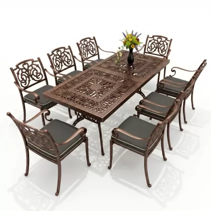 8 kişilik kelebek model alüminyum döküm masa sandalye seti bakır eskitme