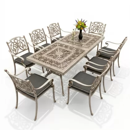 8 kişilik kelebek model alüminyum döküm masa sandalye seti beyaz eskitme