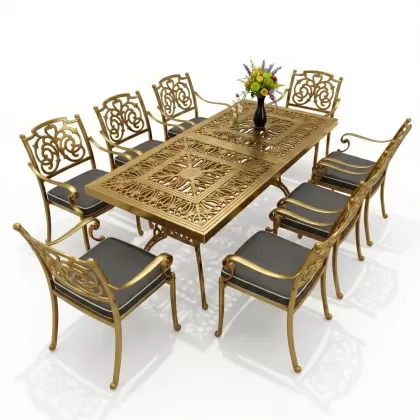 8 kişilik kelebek model alüminyum döküm masa sandalye seti gold altın