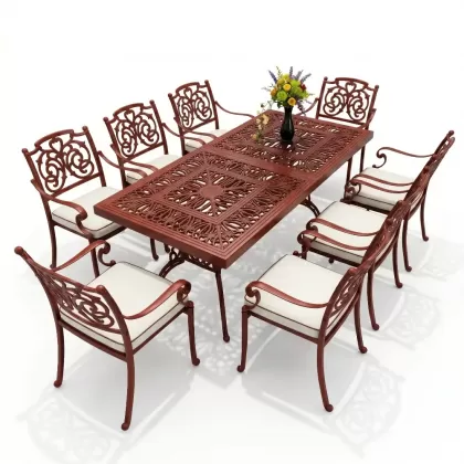 8 kişilik kelebek model alüminyum döküm masa sandalye seti kiremit kırmızı