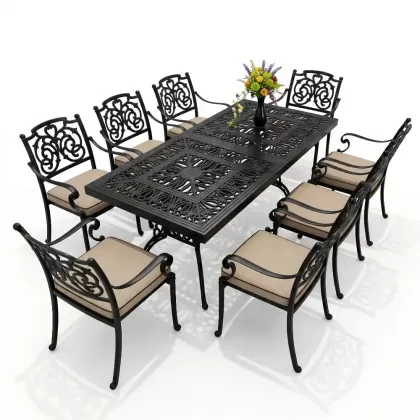 8 kişilik kelebek model alüminyum döküm masa sandalye seti siyah
