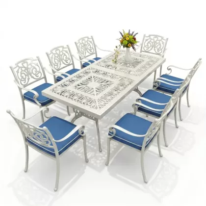 8 kişilik kelebek model alüminyum döküm masa sandalye seti beyaz